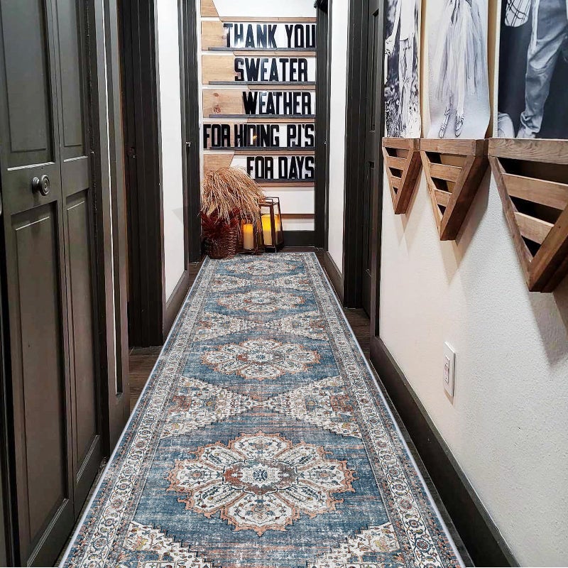 RUUGME Washable Kitchen Runner Rug 2x10: Non-Slip Hallway Rugs Indoor Soft Low Pile Stain Resistant Carpet for Bedroom Laundry Entryway Ultra-Thin Vintage Home Decor Floor Mat for Bathroom (Blue, 2 x 10) - Image 3