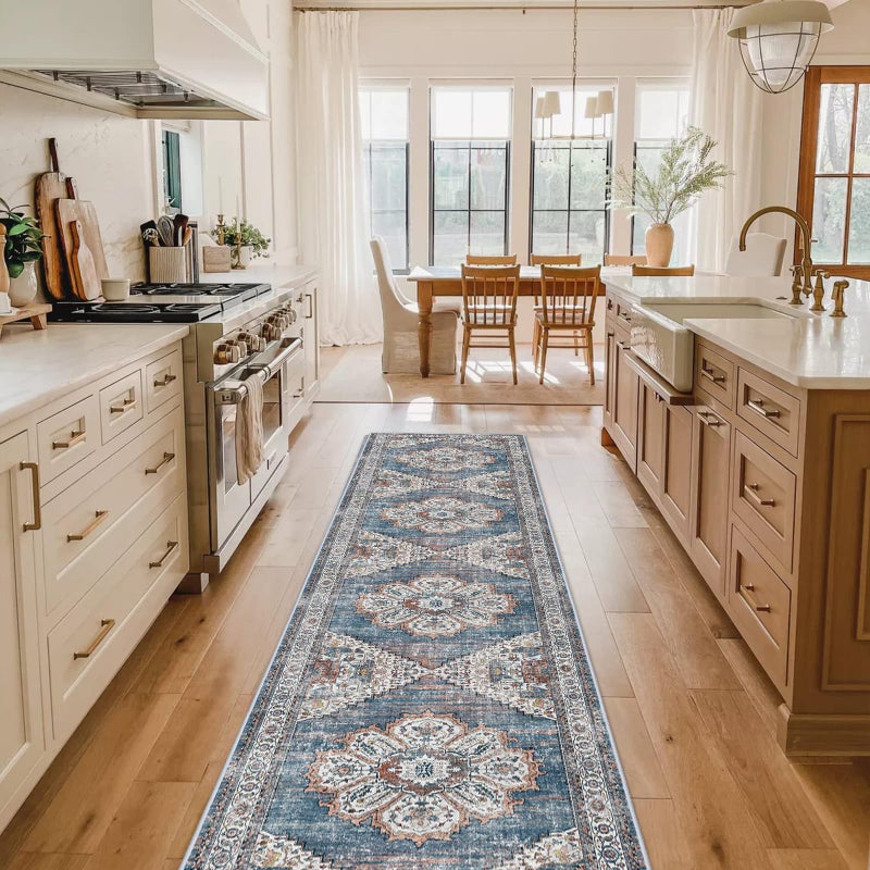 RUUGME Washable Kitchen Runner Rug 2x10: Non-Slip Hallway Rugs Indoor Soft Low Pile Stain Resistant Carpet for Bedroom Laundry Entryway Ultra-Thin Vintage Home Decor Floor Mat for Bathroom (Blue, 2 x 10) - Image 1