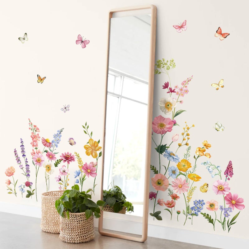 decalmile Flower Wall Decals Daisy Wildflower Grass Butterflies Wall Stickers Girls Bedroom Living Room Home Office Wall Decor - Image 3
