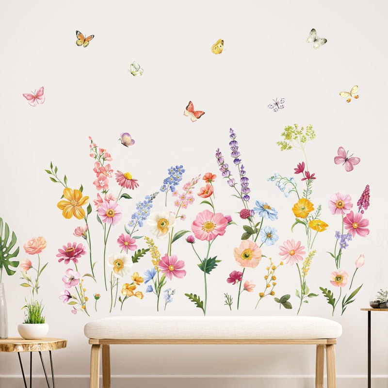decalmile Flower Wall Decals Daisy Wildflower Grass Butterflies Wall Stickers Girls Bedroom Living Room Home Office Wall Decor - Image 1