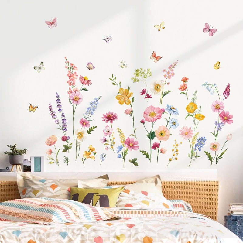 decalmile Flower Wall Decals Daisy Wildflower Grass Butterflies Wall Stickers Girls Bedroom Living Room Home Office Wall Decor - Image 2
