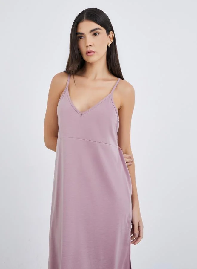 ستايلي Styli V Neck Open Back Lace Detail Side Slit Slip Dress