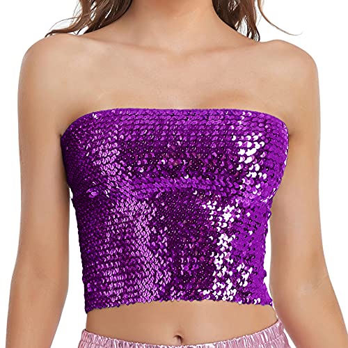 Fenyong Womens Sparkly Sequin Mermaid Crop Tops, Strapless Metallic Tube Tops for Party Clubwear(Purple) - Image 1