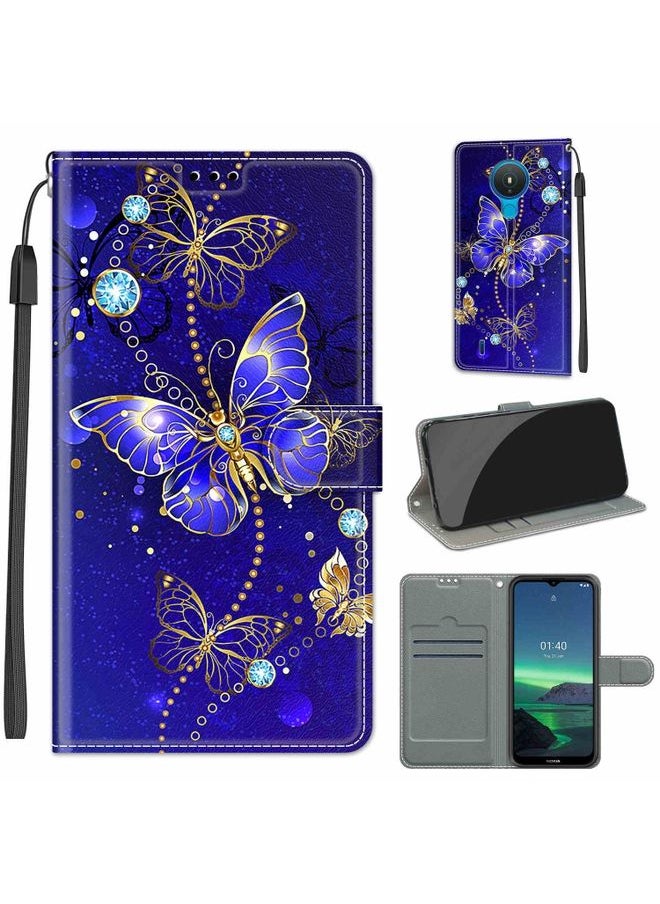 HuHa Case Cover For For Nokia 1.4 Voltage Colored Drawing Magnetic Clasp Horizontal Flip PU Leather Case with Holder & Card Slots(C11 Blue Golden Chain Butterflies) 