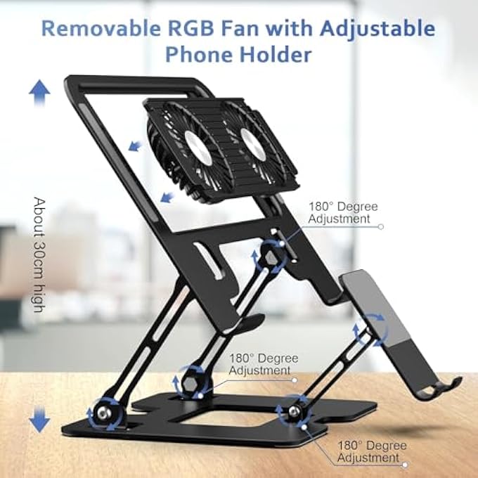 rayihni LAPTOP STAND WITH COOLING FAN, LAPTOP HOLDER ADJUSTABLE HEIGHT & ANGLE,FOLDABLE COMPUTER STAND WITH PHONE HOLDER, LAPTOP COOLING PAD FOR MACBOOK PRO/AIR,ASUS,HP, ALL 10-17'' LAPTOPS (BLACK) - Image 3
