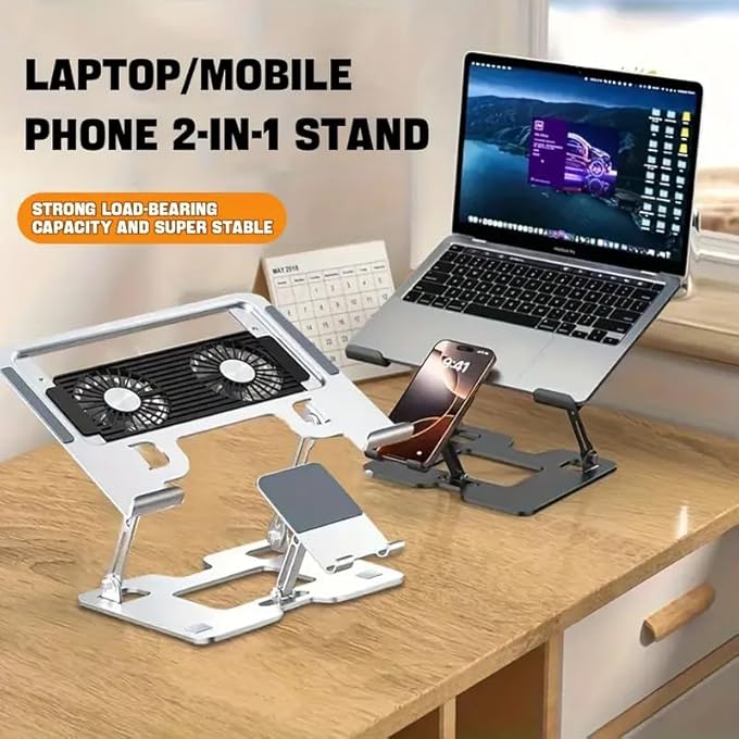 rayihni LAPTOP STAND WITH COOLING FAN, LAPTOP HOLDER ADJUSTABLE HEIGHT & ANGLE,FOLDABLE COMPUTER STAND WITH PHONE HOLDER, LAPTOP COOLING PAD FOR MACBOOK PRO/AIR,ASUS,HP, ALL 10-17'' LAPTOPS (BLACK) - Image 2