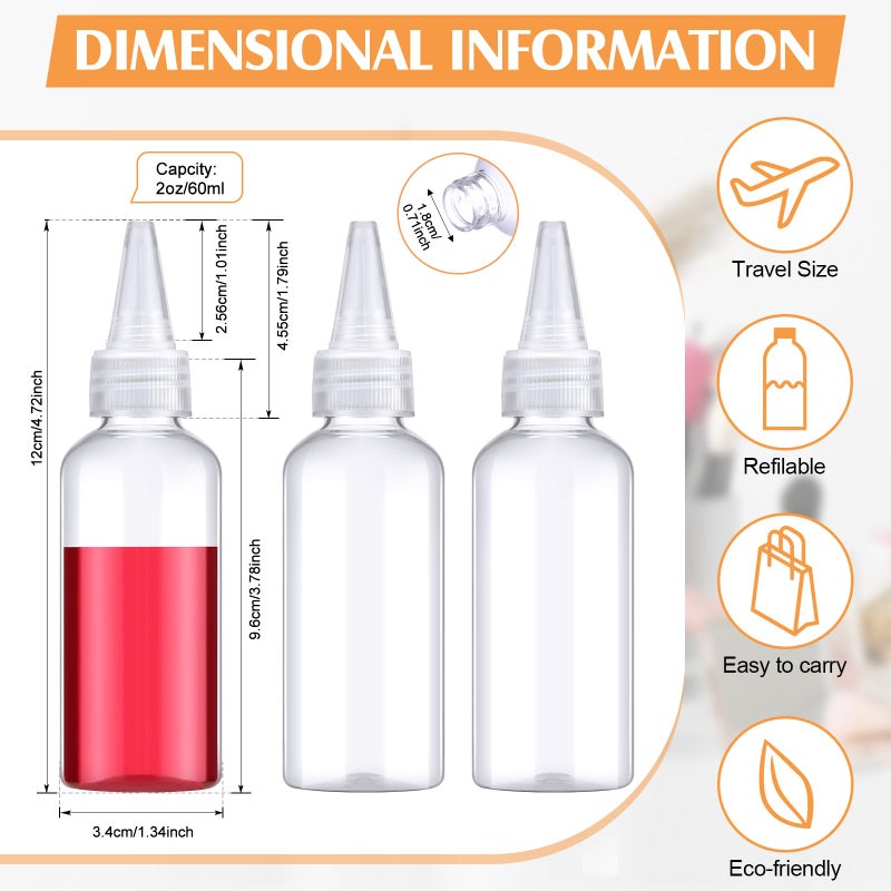 Eccliy 60 Pieces 2 oz 60 ml Plastic Bottles Applicator with Twist Top Cap Pet Refillable Plastic Empty Applicator Bottle for Hair with Clear Twist Top Cap for Hair Oils and Liquids - Image 2