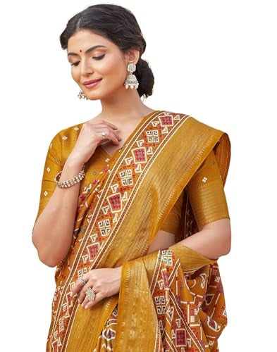 SIRIL Women's Printed Patola Silk Saree With Unstitched Blouse Piece (4307S123_Yellow) - Image 1