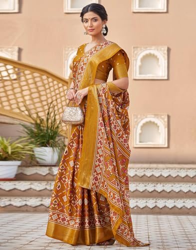 SIRIL Women's Printed Patola Silk Saree With Unstitched Blouse Piece (4307S123_Yellow) - Image 3