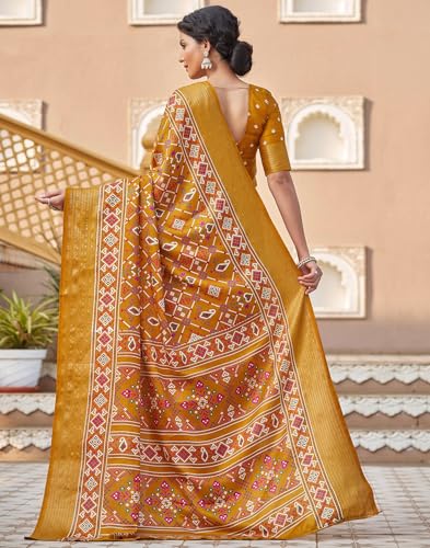 SIRIL Women's Printed Patola Silk Saree With Unstitched Blouse Piece (4307S123_Yellow) - Image 4