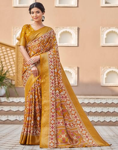 SIRIL Women's Printed Patola Silk Saree With Unstitched Blouse Piece (4307S123_Yellow) - Image 5