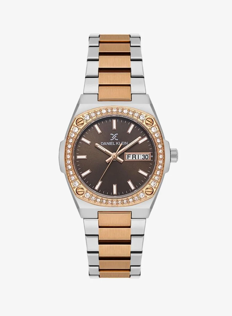 DANIEL KLEIN Women's Stainless Steel Silver and Rose Gold Alloy Case Analog Dark Brown Round Sunray Dial Japanese Quartz Premium 30 Meters Water Resistant