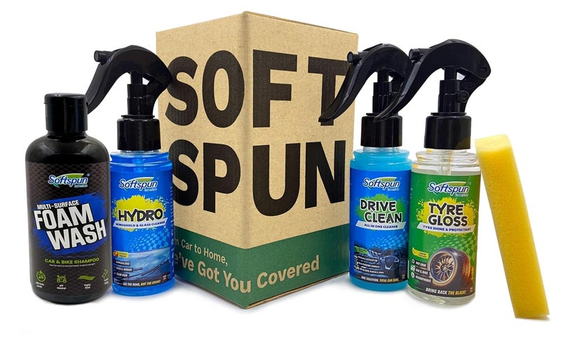 SOFTSPUN Essentials Car Clean & Wash Starter Kit - Made for Cars and Motorcycles 5 Piece Kit, Total 500ml, combined (Shampoo, Windshield Washer, Tyre Polish, Multi-Purpose Cleaner, 1 Foam) - Image 1
