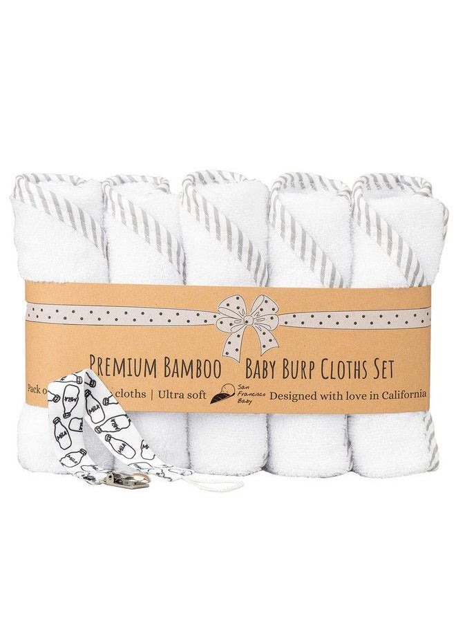 San Francisco Baby Ultra Soft Burp Cloths Unisex 5 Pack Bamboo And Cotton W/Pacifier Clip Comfortable Fabric Extra Absorbent Burping Bib For Spitups And Spills 19 X 9” Baby Burp Cloths/White And Gray  - Image 1