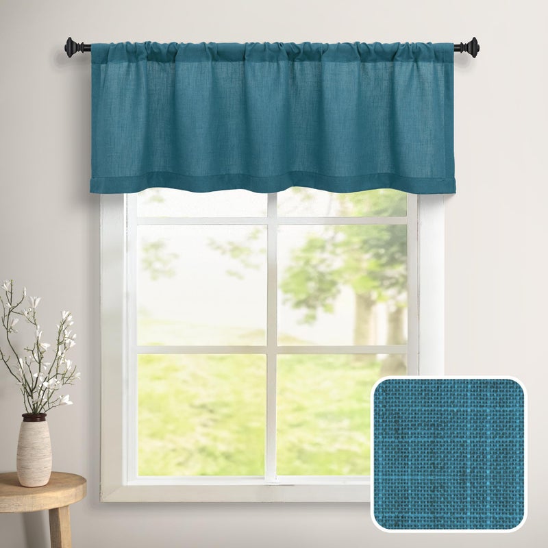 DANCURTON Teal Valance for Windows Kitchen 18 Inch Length Rod Pocket Farmhouse Semi Privacy Green Blue Linen Valance Curtain for Boys Bedroom Living Room Short Valance for Small Bathroom Turquoise - Image 1