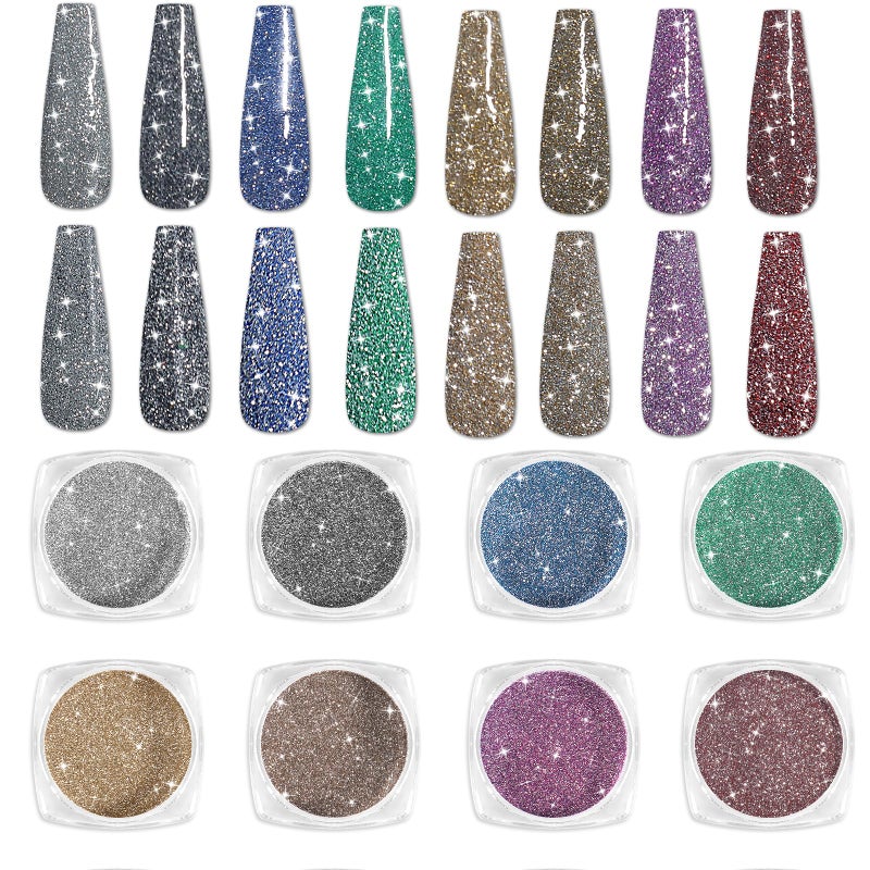 Laza 8 Colors Korea Diamond Nail Powder Sparkling Crystal Glitter Holographic Nail Glitter Dust Laser Silver Mirror Effect Bright Shining Flakes for Acrylic Nails Polish Nail Art DIY Decoration - Image 1