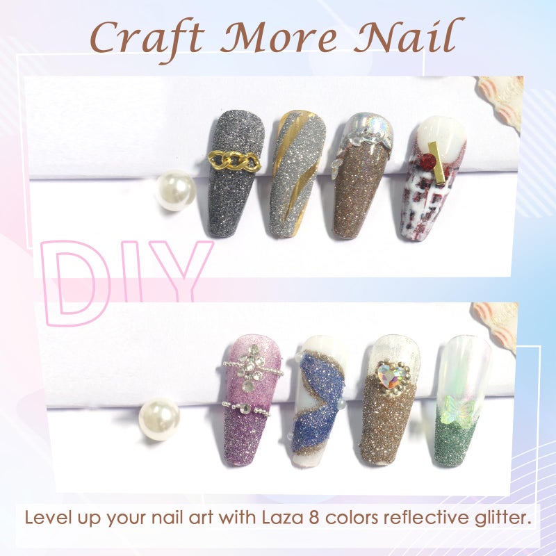 Laza 8 Colors Korea Diamond Nail Powder Sparkling Crystal Glitter Holographic Nail Glitter Dust Laser Silver Mirror Effect Bright Shining Flakes for Acrylic Nails Polish Nail Art DIY Decoration - Image 2