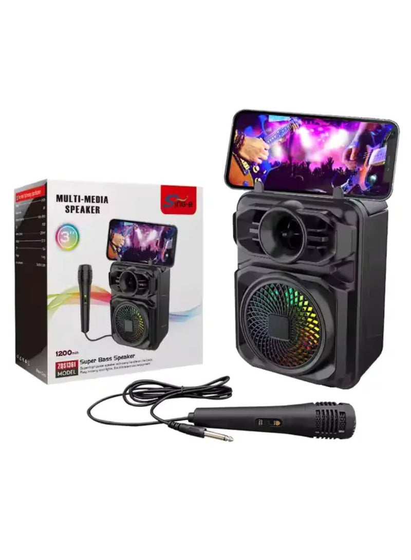 general Portable Speaker with Microphone  LED Lights – Powerful Bass Sound, Supports Bluetooth, AUX  USB, with Built-in Phone Holder for Parties