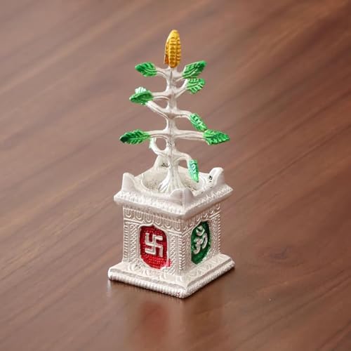 DreamKraft Graceful Tulsi Plant Decorative Showpiece in Silver Finish – Sacred Figurine for Pooja Room, Home Temple, Office & Gifting – Symbol of Positivity & Devotion (5 x 5 x 14 cm) - Image 1
