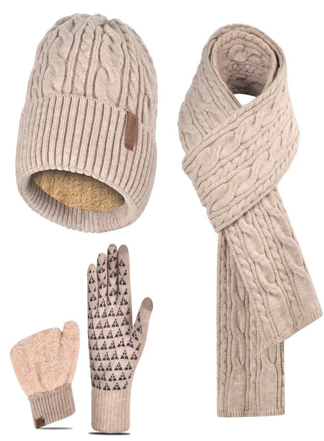 FENELY Beanie Hat Gloves Scarf Set for Men Winter Warm Knit Knitted Neck Warmer Touchscreen Glove Cap 3 in 1 Khaki Thermal Fleece Wool Lined for Cold Weather Snow - Image 1
