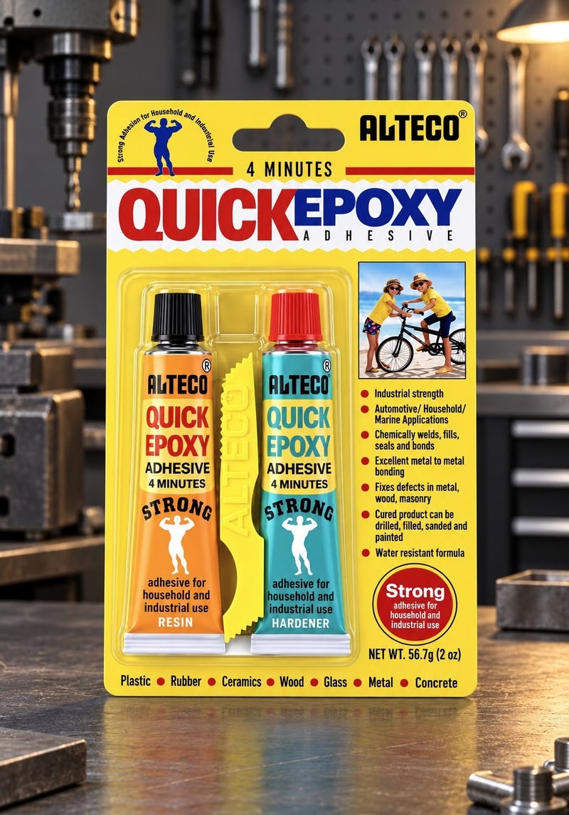 ألتيكو غراء إيبوكسي سريع ALTECO Quick Epoxy 4 دقائق – لاصق إيبوكسي قوي من جزئين A+B لإصلاح المعادن والخرسانة والزجاج والخشب والبلاستيك والمطاط والسيراميك، للّصق وملء الفجوات – 56.7 جم - Image 1