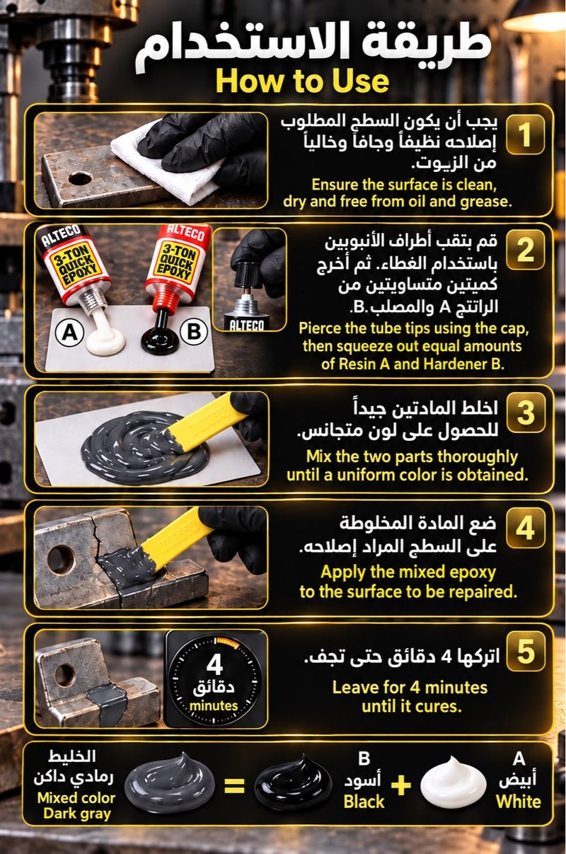 ألتيكو غراء إيبوكسي سريع ALTECO Quick Epoxy 4 دقائق – لاصق إيبوكسي قوي من جزئين A+B لإصلاح المعادن والخرسانة والزجاج والخشب والبلاستيك والمطاط والسيراميك، للّصق وملء الفجوات – 56.7 جم - Image 4