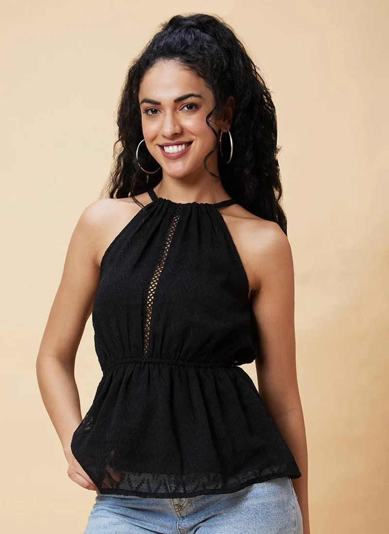 جلو باص بلوزة نسائية سوداء بلا أكمام بتصميم ذاتي وخصر مشدود