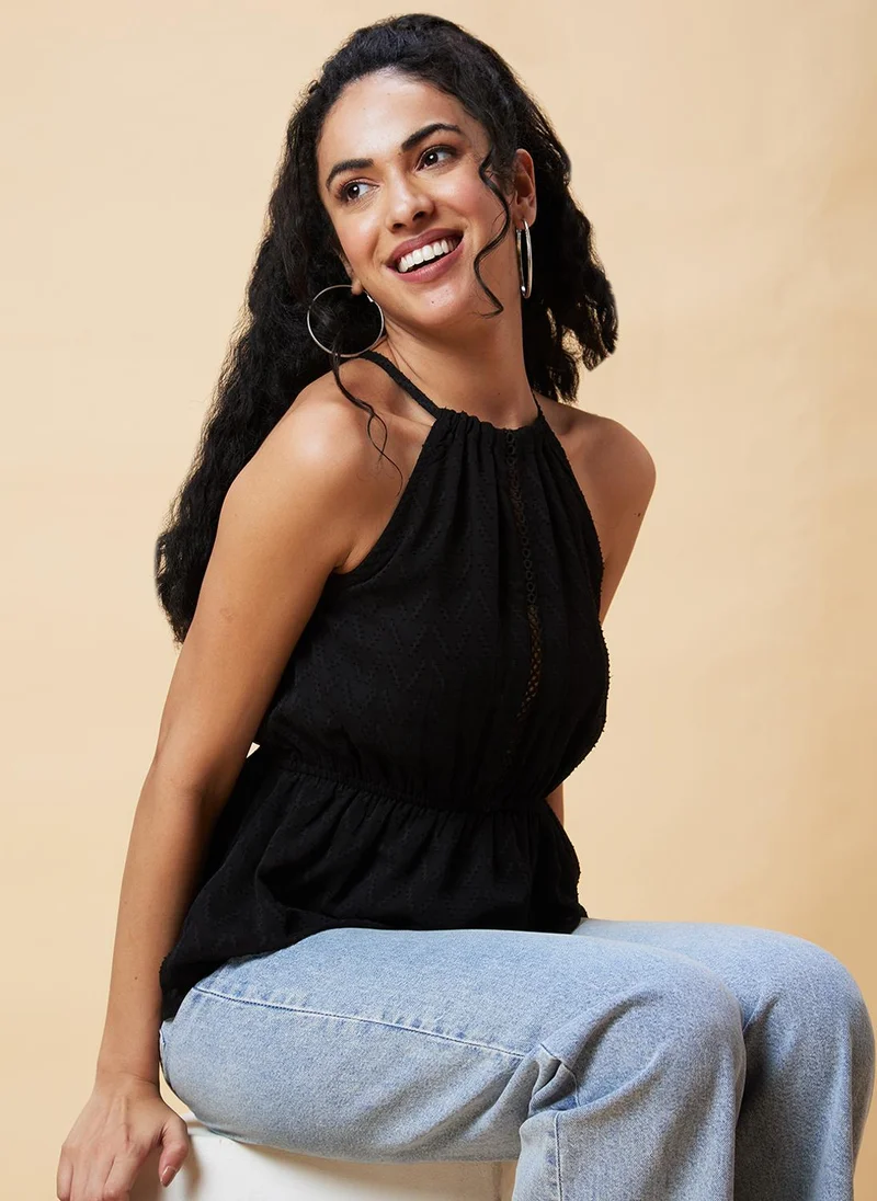 globus Globus Women Black Self Design Sleeveless Cinched Waist Top