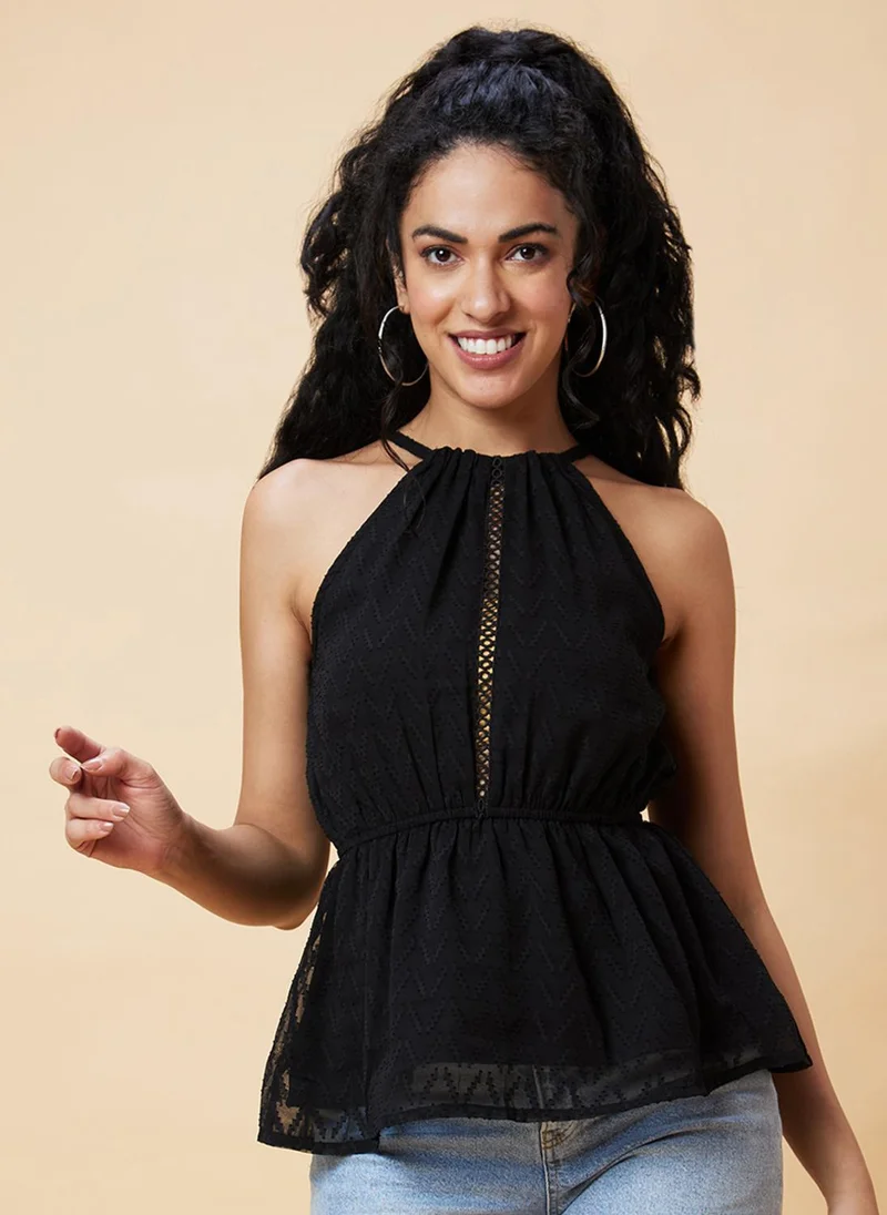 جلو باص بلوزة نسائية سوداء بلا أكمام بتصميم ذاتي وخصر مشدود