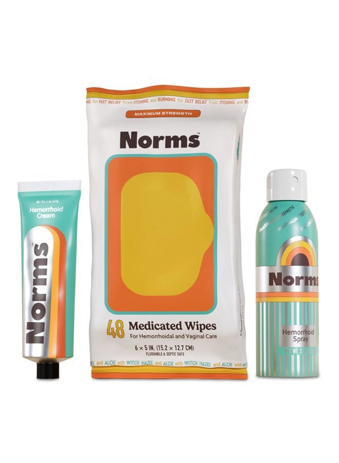 Norms The Full Hemorrhoid Treatment Bundle Medicated Wipes, Touch-Free Spray, and 5% Lidocaine Cream to Relieve Painful Itching, Burning & Swelling – Complete Hemorrhoid Care System - Image 1