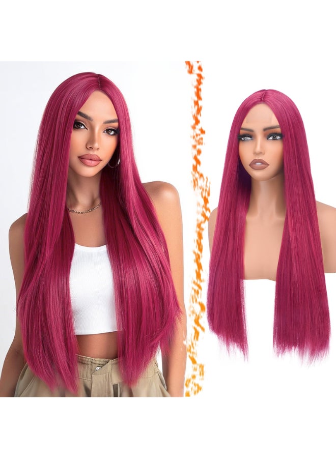 BARSDAR Long Straight Hot Pink Wig Long Straight Middle Part Hot Pink Wigs for Women 28 Inch Natural Looking Thick Soft Synthetic Daily Party Halloween Kpop Mira Costume Wig - Image 2