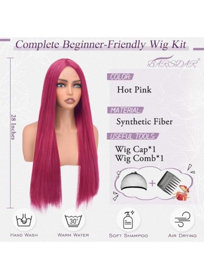 BARSDAR Long Straight Hot Pink Wig Long Straight Middle Part Hot Pink Wigs for Women 28 Inch Natural Looking Thick Soft Synthetic Daily Party Halloween Kpop Mira Costume Wig - Image 3