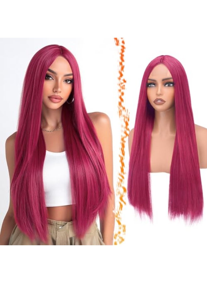 BARSDAR Long Straight Hot Pink Wig Long Straight Middle Part Hot Pink Wigs for Women 28 Inch Natural Looking Thick Soft Synthetic Daily Party Halloween Kpop Mira Costume Wig - Image 1