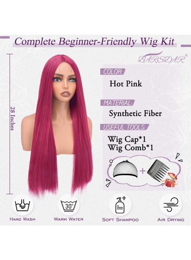 BARSDAR Long Straight Hot Pink Wig Long Straight Middle Part Hot Pink Wigs for Women 28 Inch Natural Looking Thick Soft Synthetic Daily Party Halloween Kpop Mira Costume Wig - Image 4