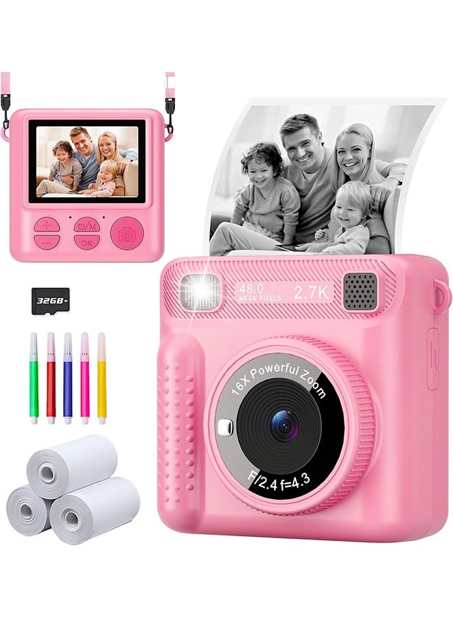 ERTYU Instant Print Camera for Kids,Instant Camera for Girls Boys,Kids Camera Toys for Toddler 1080P HD Selfie Digital Camera with Print Paper & 32G Card,Birthday Gifts for Girls Age 3-12 Years Old - Image 1