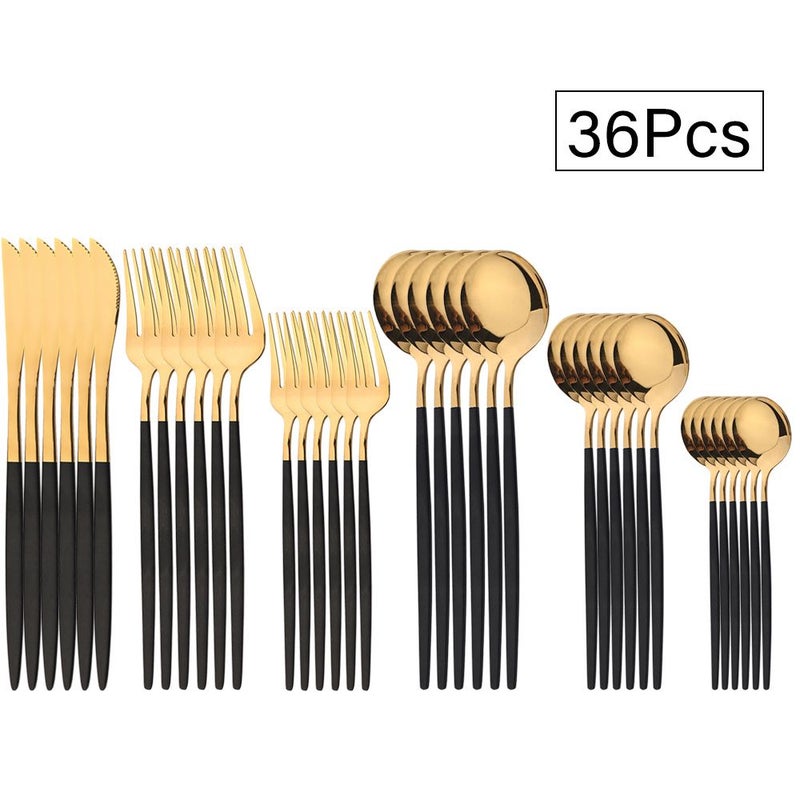 36 Pcs Stainless Steel Cutlery Set Flatware Dinnerware For Home And Dining Room Black Golden - Image 2