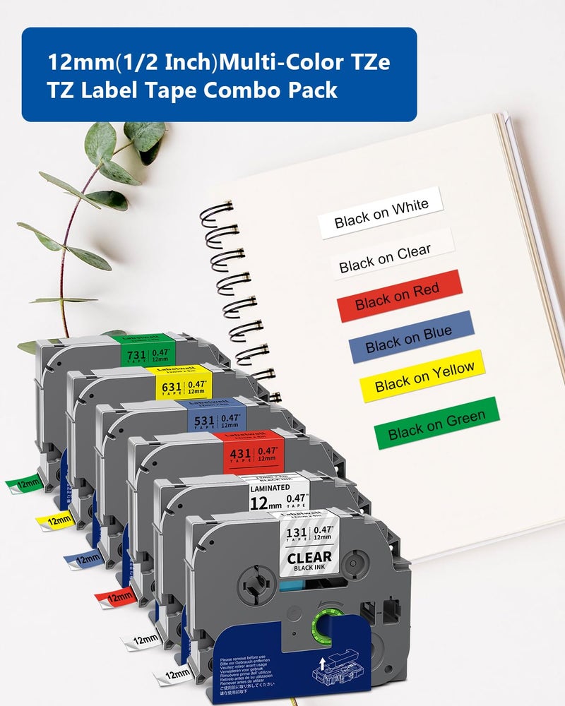 Labelwell 6-Pack TZe 12mm 0.47 Laminated Multi Color Compatible for P Touch Label Tape TZ TZe-231 131 431 531 631 for PTouch PT-H110 D210 D220 PT-H103W, Clear/White/Red/Blue/Yellow/Green - Image 2