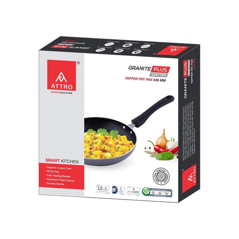 Attro Non Stick Gas and Induction Compatible Tapper Fry Pan/Omelette Pan/Fry Pan/Tapper pan240 mm, Spatter Finish, Black - Image 5
