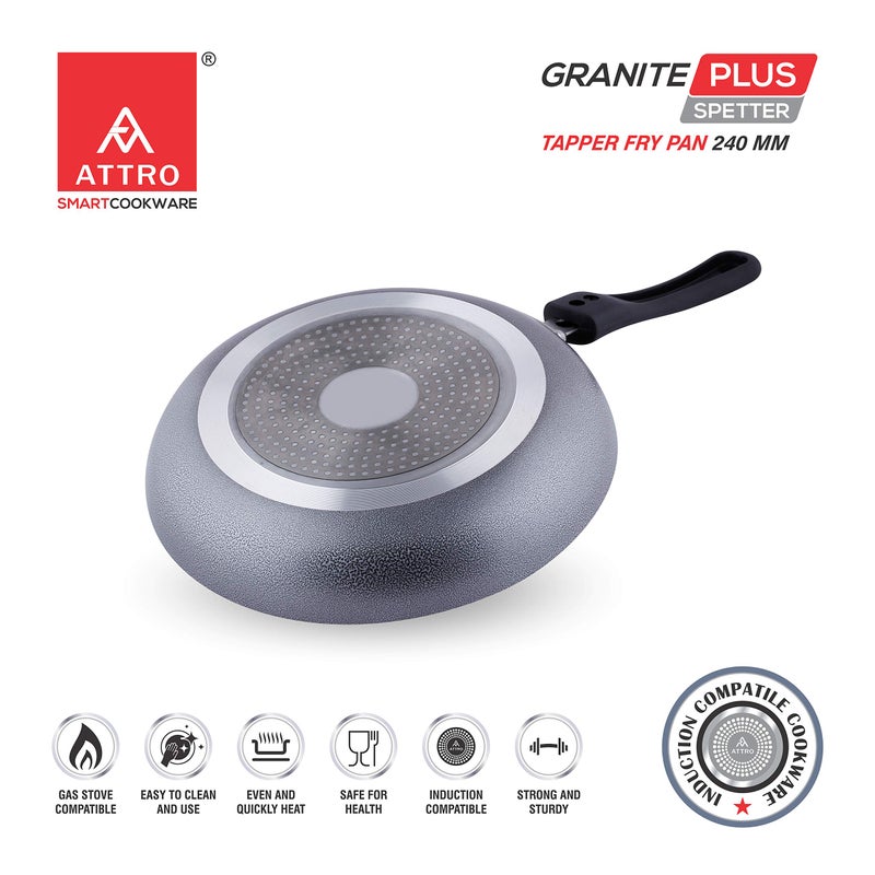 Attro Non Stick Gas and Induction Compatible Tapper Fry Pan/Omelette Pan/Fry Pan/Tapper pan240 mm, Spatter Finish, Black - Image 3