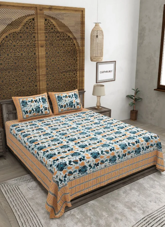 CLOTHOLOGY CLOTHOLOGY Jaipuri Prints Brown Floral Pure Cotton 180 TC King Size Bedsheet with 2 Pillow Covers