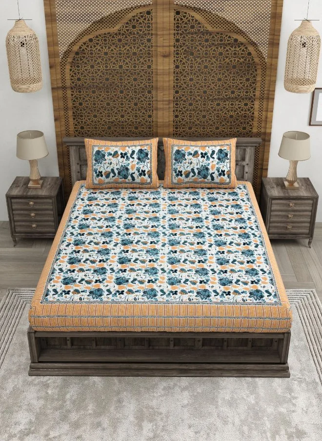 CLOTHOLOGY CLOTHOLOGY Jaipuri Prints Brown Floral Pure Cotton 180 TC King Size Bedsheet with 2 Pillow Covers