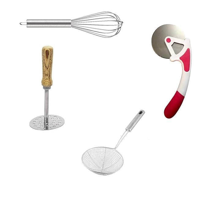 Vipron Combo Set of 4 PCs Stainless Steel Potato Vegetable Masher Egg Whisk and Deep Fry Strainer and Pizza Cutter multocolor - Image 1