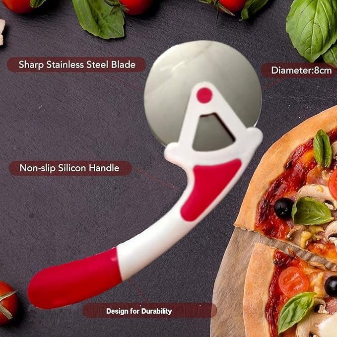 Vipron Combo Set of 4 PCs Stainless Steel Potato Vegetable Masher Egg Whisk and Deep Fry Strainer and Pizza Cutter multocolor - Image 3