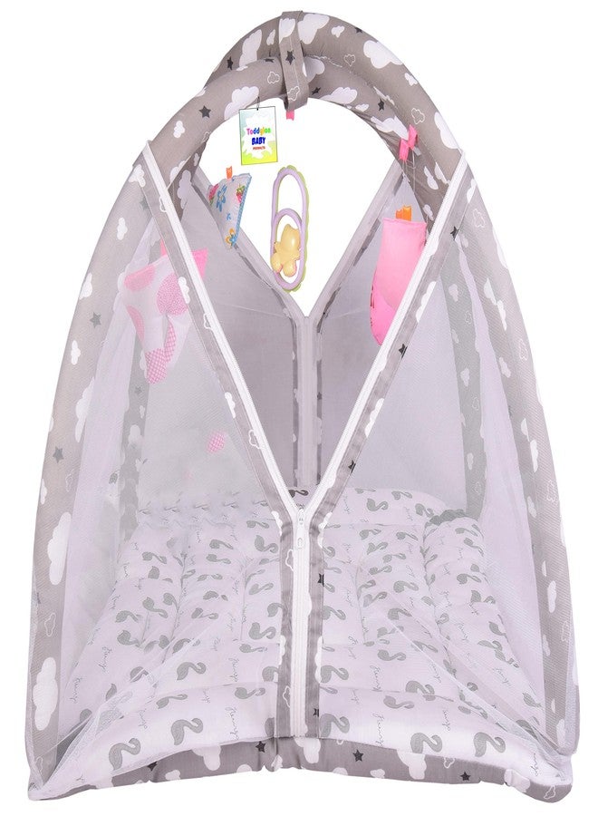 Toddylon Flat Bed Baby Play Gym New Born Baby Bedding|Mat with Hanging Toys|Mattress with Mosquito Net|Cotton Playing Mat|Playmats & Floor Gyms (0-6 Months),1 Count,Grey - Image 1