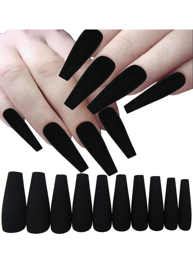 LoveOurHome 100Pc Matte Coffin Press On Nails Long Colored Ballerina Shape Artificial False Nails False Nails Press Ons Artificial Women Girls Manicure Fingernail Diy Decor Acrylic Tips 10 Sizes With Case (Black)  - Image 1