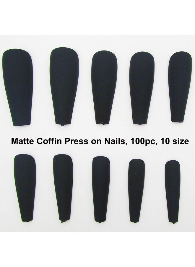 LoveOurHome 100Pc Matte Coffin Press On Nails Long Colored Ballerina Shape Artificial False Nails False Nails Press Ons Artificial Women Girls Manicure Fingernail Diy Decor Acrylic Tips 10 Sizes With Case (Black)  - Image 5