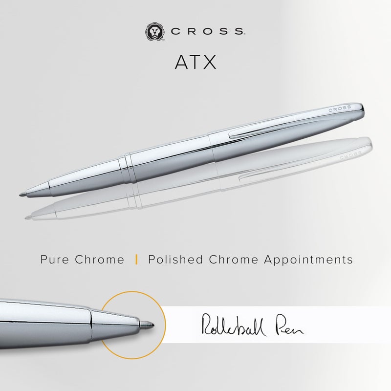 Cross ATX Refillable Rollerball Pen Presented in a Luxury Gift Box - Medium Point, Black Ink, Pure Chrome - Image 2