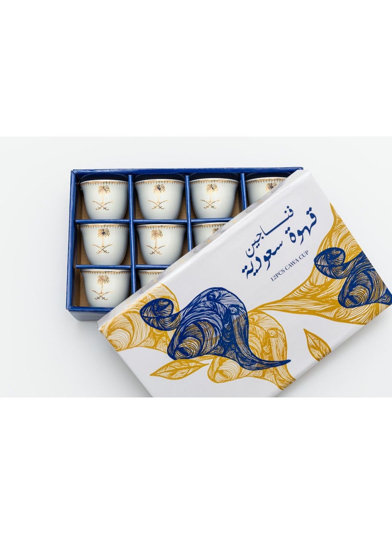 ALSAHAH Premium Saudi Coffee Cups Set with Palm & Swords Design – 12-Piece Fine Porcelain Traditional Cawa Cups - Image 3
