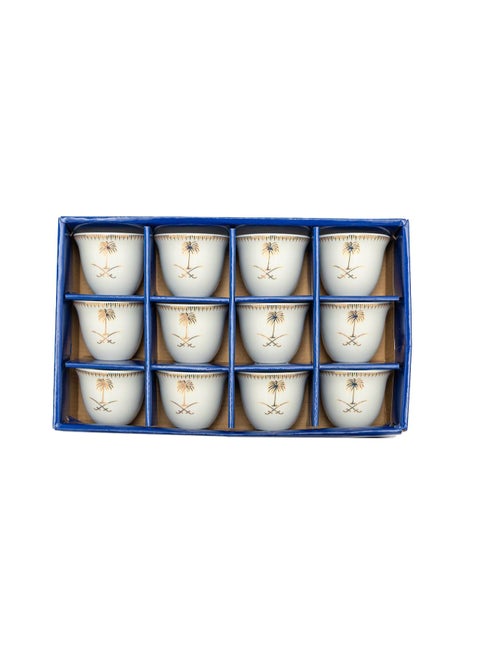 Premium Saudi Coffee Cups Set with Palm & Swords Design – 12-Piece Fine Porcelain Traditional Cawa Cups