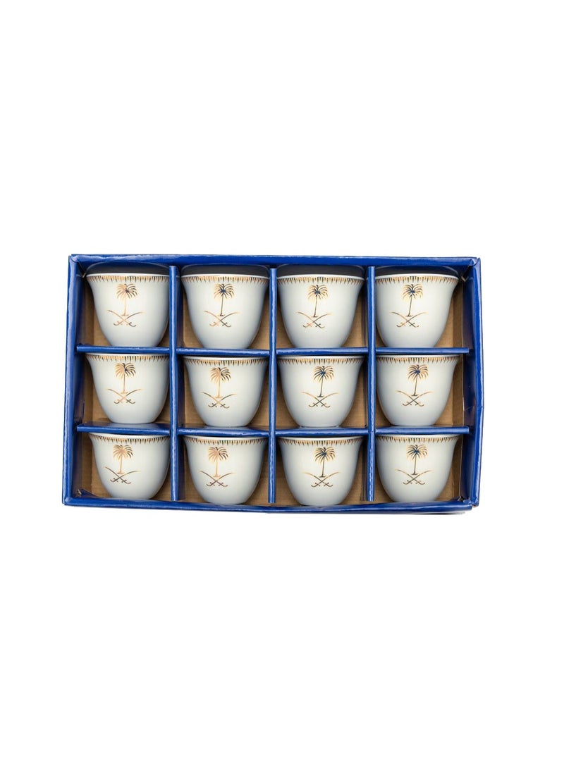 ALSAHAH Premium Saudi Coffee Cups Set with Palm & Swords Design – 12-Piece Fine Porcelain Traditional Cawa Cups - Image 1